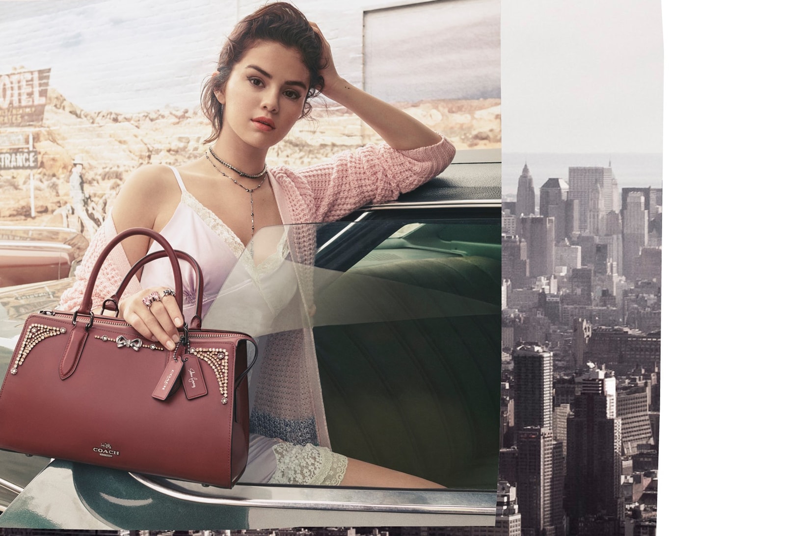 Selena Gomez Coach Campaign Second Collaboration Lace Slip Dress Purple Cardigan Pink Handbag Maroon
