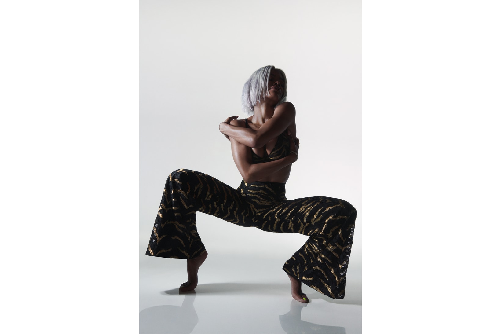 Teyana Taylor Fall/Winter 2018 Campaign Genevieve Tiger-Print Pants Bralette Gold Black