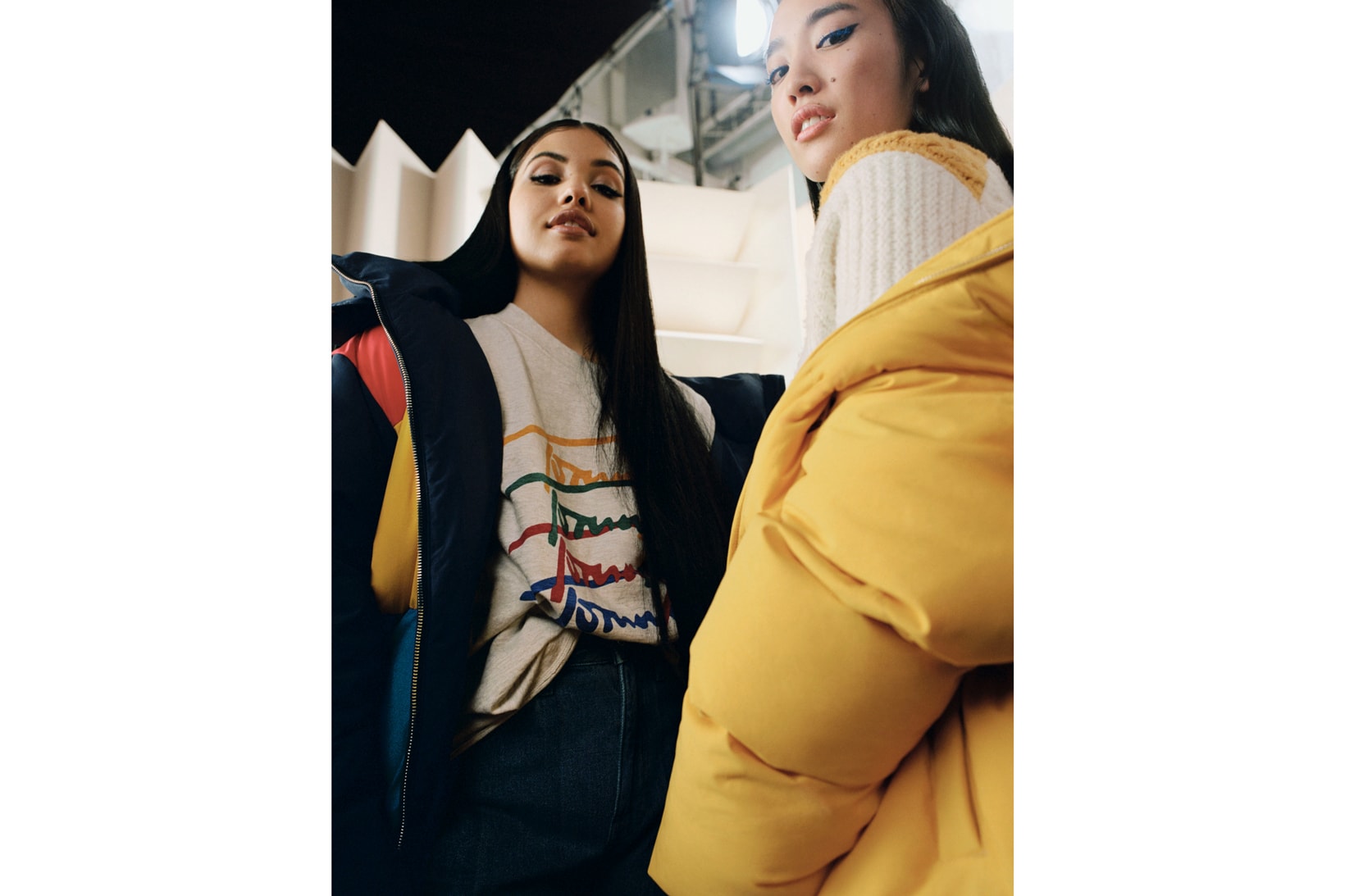 Tommy Jeans Fall/Winter 2018 Campaign Mabel Ai Shimatsu Puffer Jackets Blue Yellow Chunky Colorblock Cardigan White Red