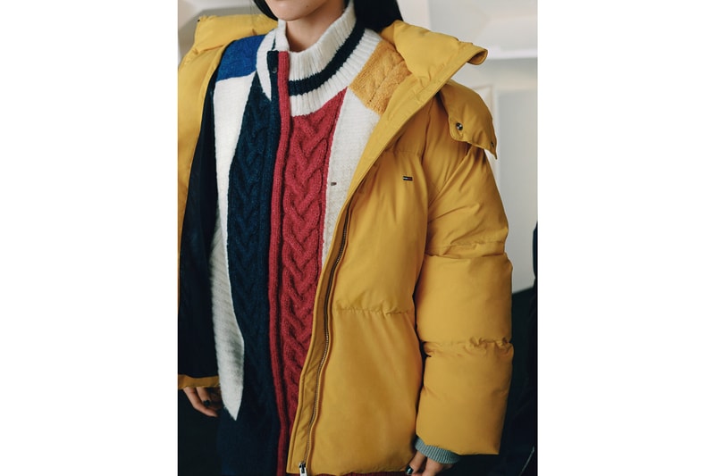 Tommy Jeans Fall/Winter 2018 Campaign Mabel Chunky Colorblock Cardigan Red Blue Puffer Jacket Yellow