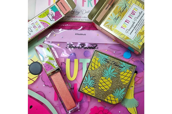 Too Faced Cosmetics Tutti Frutti Collection Juicy Fruits Comfort Lip Glaze Dreamsicle Strobing Bronzer Highlighing Duo Pineapple Paradise