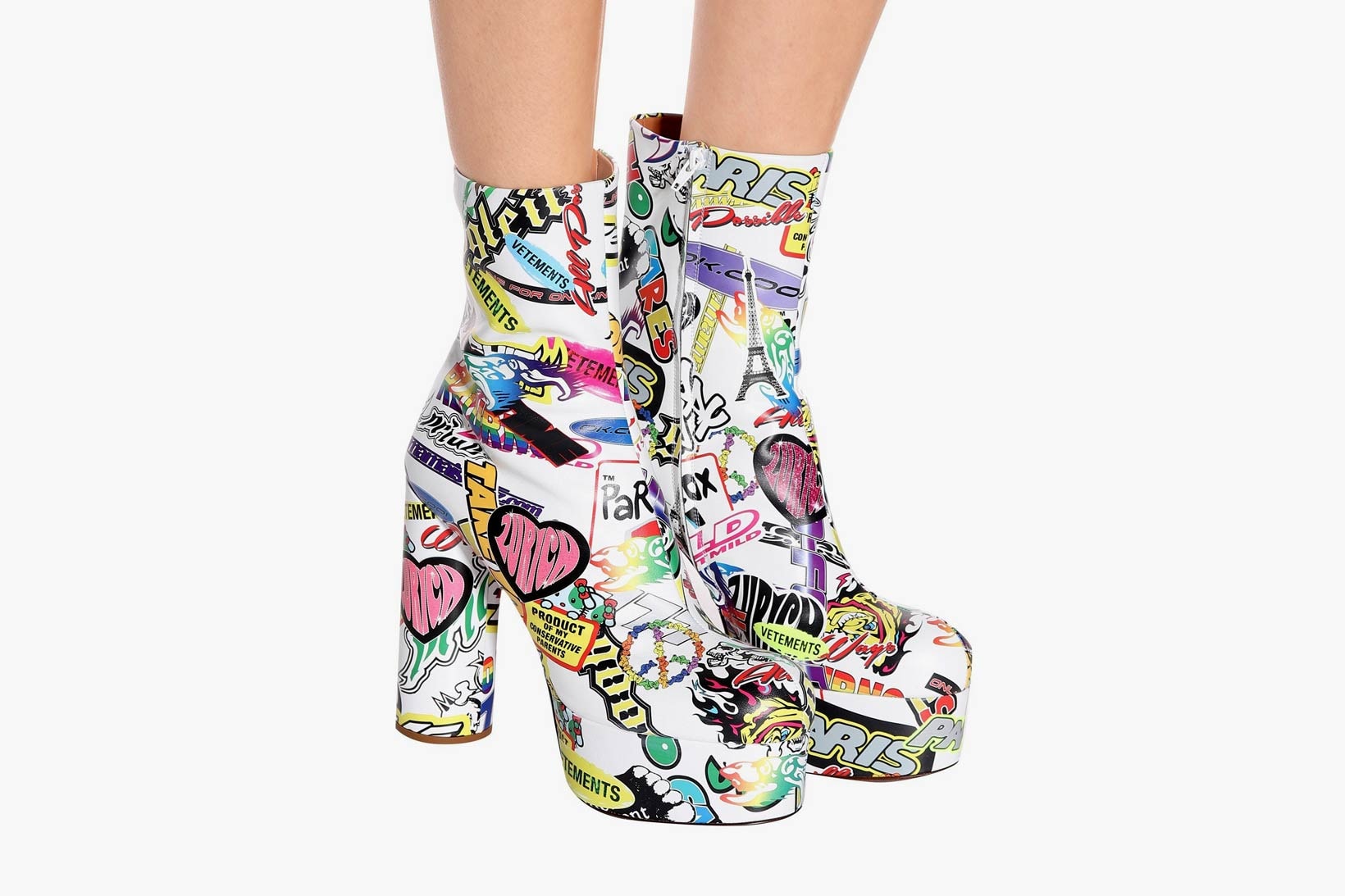 Vetements Print Leather Ankle Boots White