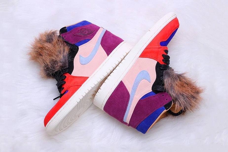 aleali may air jordan 1 collaboration suede faux fur red blue burgundy