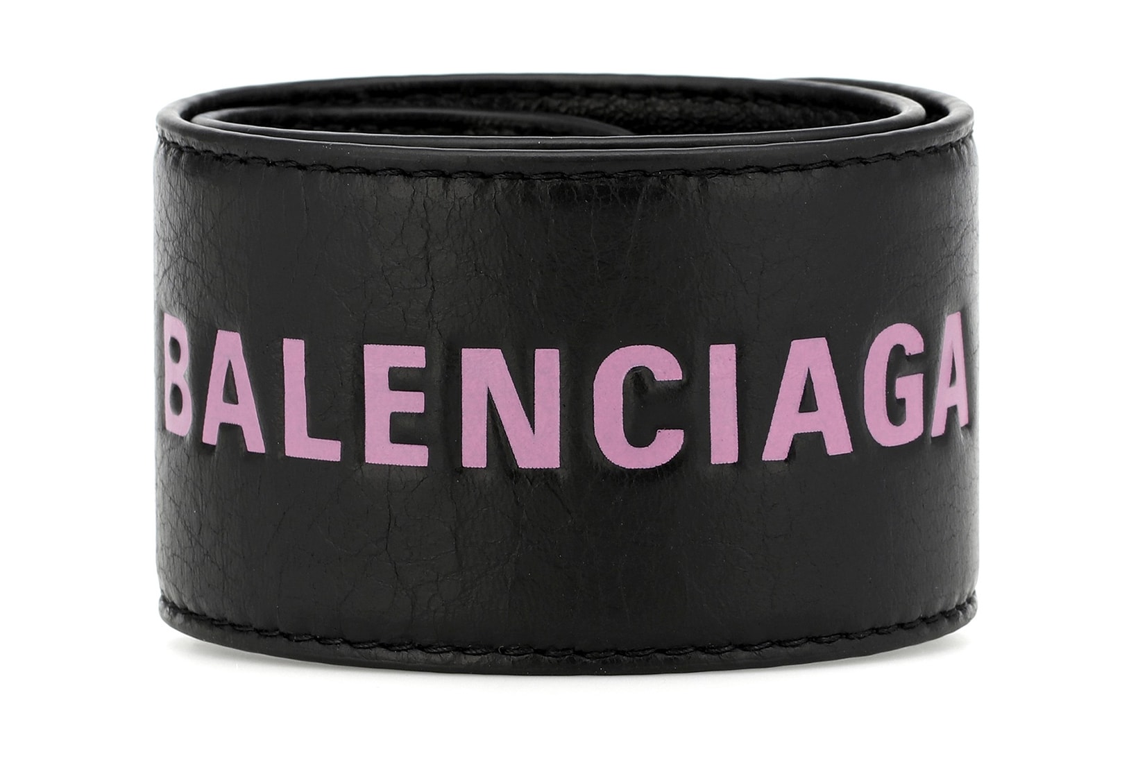Balenciaga Leather Logo Slap Bracelet Black Hot Pink
