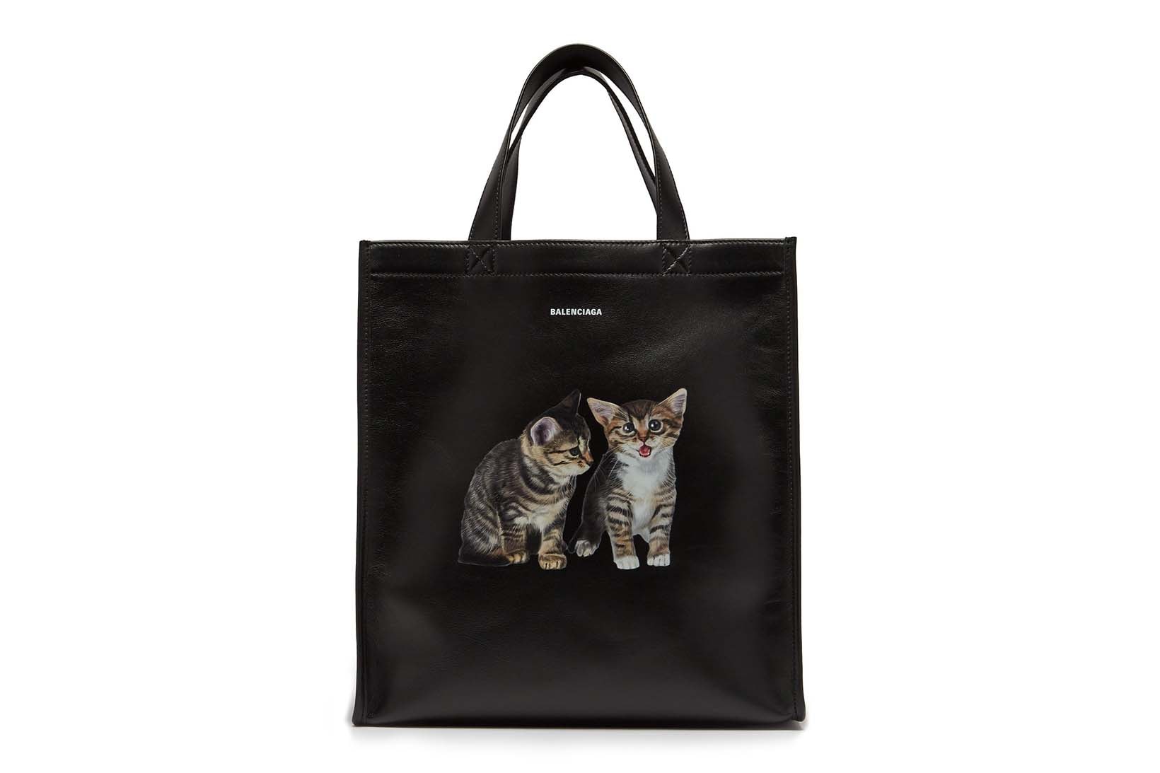 Balenciaga Kitten Print Black Leather Tote Bag