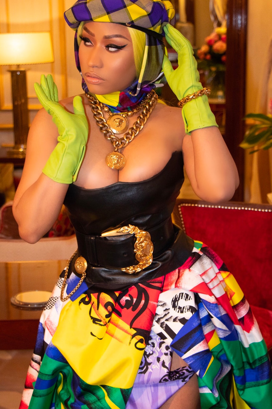 Milan Fashion Week SS19 Best Celebrity Looks Front Row Stars Nicki Minaj Versace Dress Hat Gloves Necklace