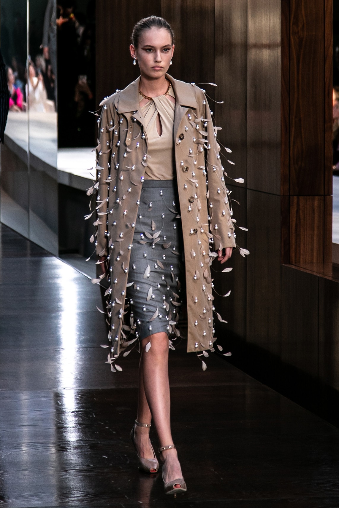Riccardo Tisci Burberry Debut Runway Show SS19 coat pearls feathers