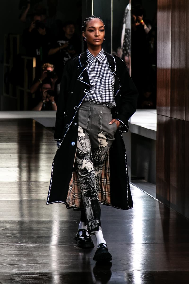 Riccardo Tisci Burberry Debut Runway Show SS19 Jourdan Dunn Pants Gingham Trench Coat Black Mary Janes