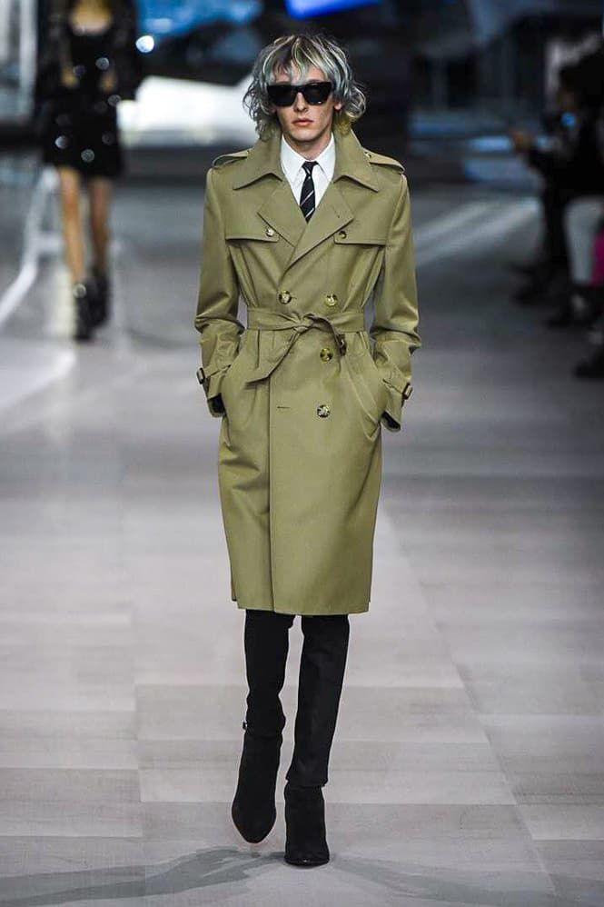 Celine Hedi Slimane Spring Summer 2019 Paris Fashion Week Show Collection Coat Khaki Top White Tie Black