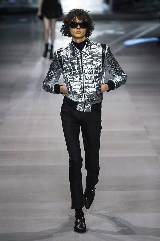 Celine Hedi Slimane Spring Summer 2019 Paris Fashion Week Show Collection Jacket Silver Trousers Black