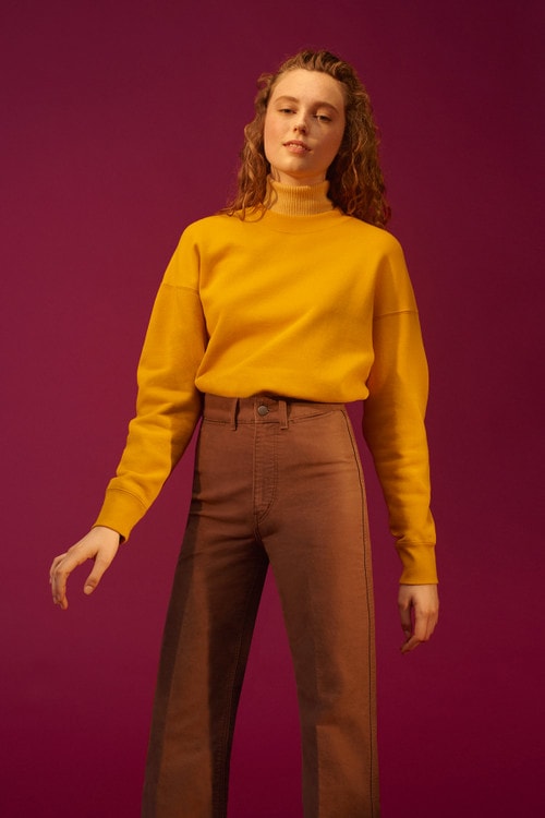 Christophe Lemaire x Uniqlo U Fall/Winter 2018 Collection Crewneck Long Sleeve Sweatshirt Yellow High Rise Wide Jeans Khaki