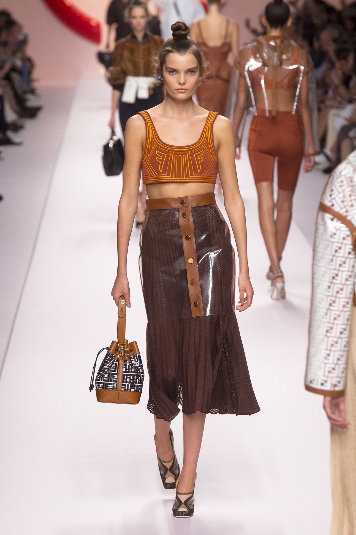 Fendi Karl Lagerfeld Spring Summer 2019 Milan Fashion Week Show Collection Crop Top Orange Skirt Brown