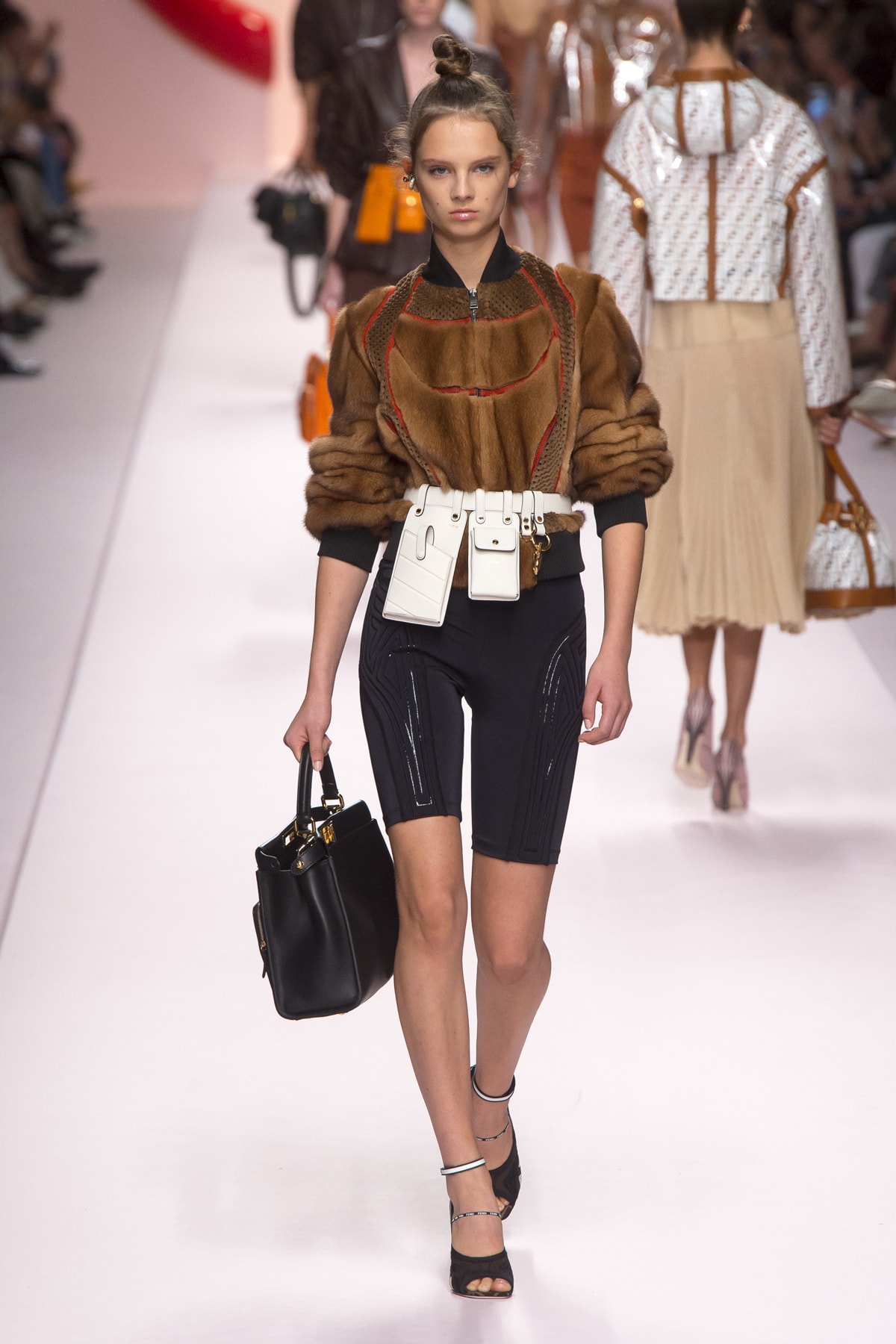 Fendi Karl Lagerfeld Spring Summer 2019 Milan Fashion Week Show Collection Jacket Brown Biker Shorts Black
