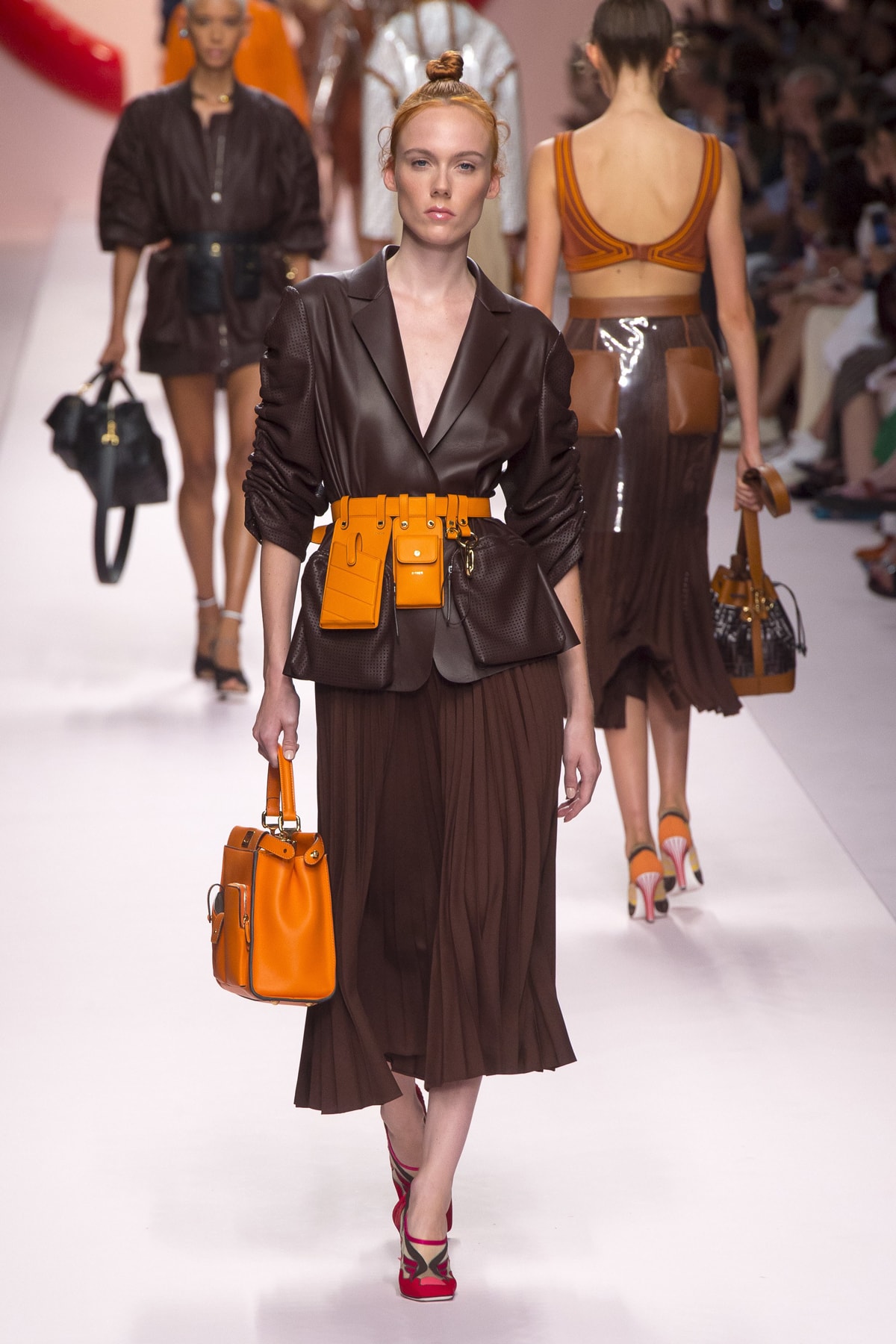 Fendi Karl Lagerfeld Spring Summer 2019 Milan Fashion Week Show Collection Blazer Skirt Brown Belt Bag Orange