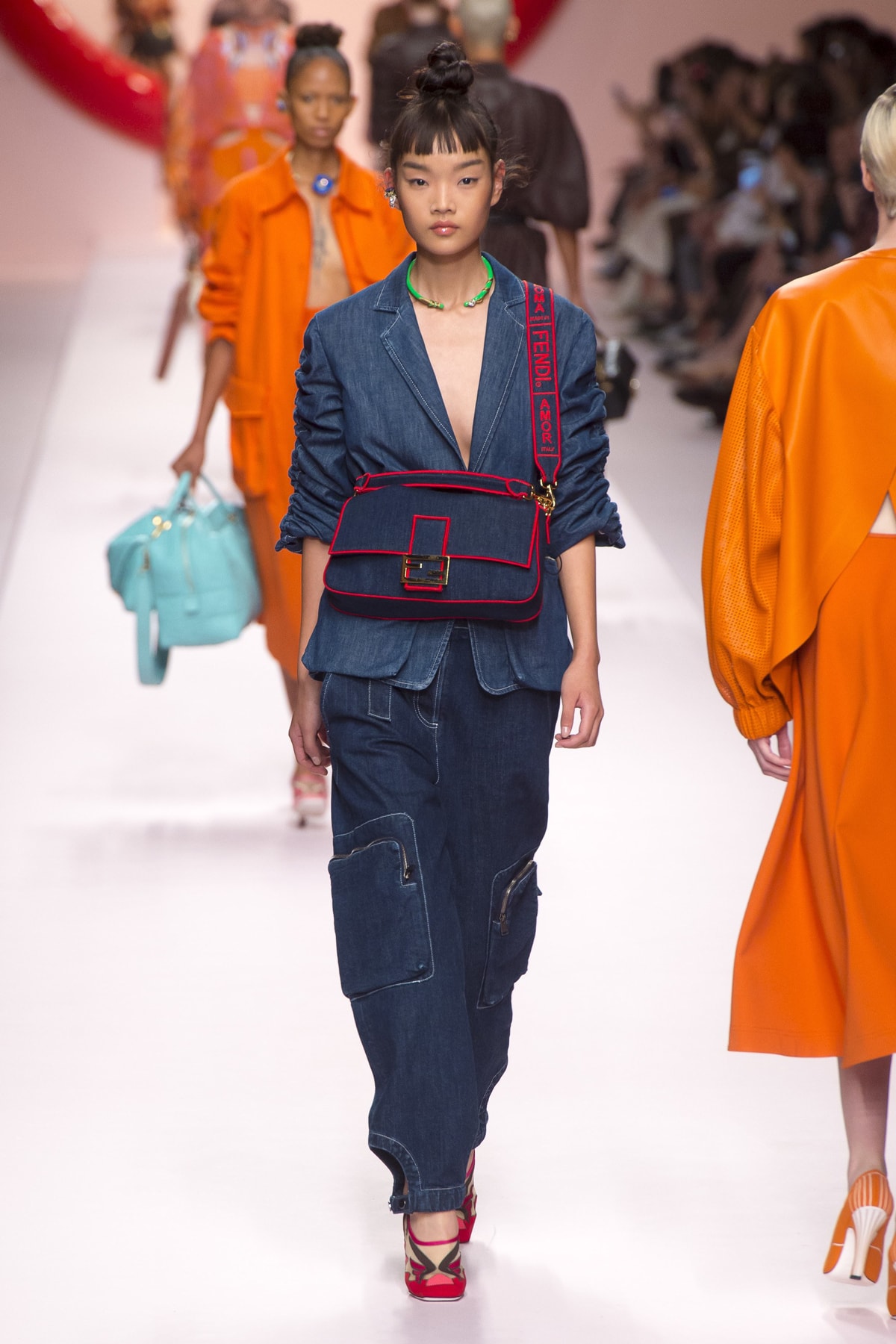 Fendi Karl Lagerfeld Spring Summer 2019 Milan Fashion Week Show Collection Denim Jacket Pants Handbag Red Blue