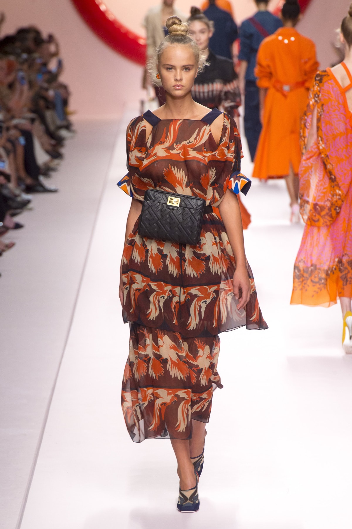Fendi Karl Lagerfeld Spring Summer 2019 Milan Fashion Week Show Collection Top Skirt Orange Brown Belt Bag Black