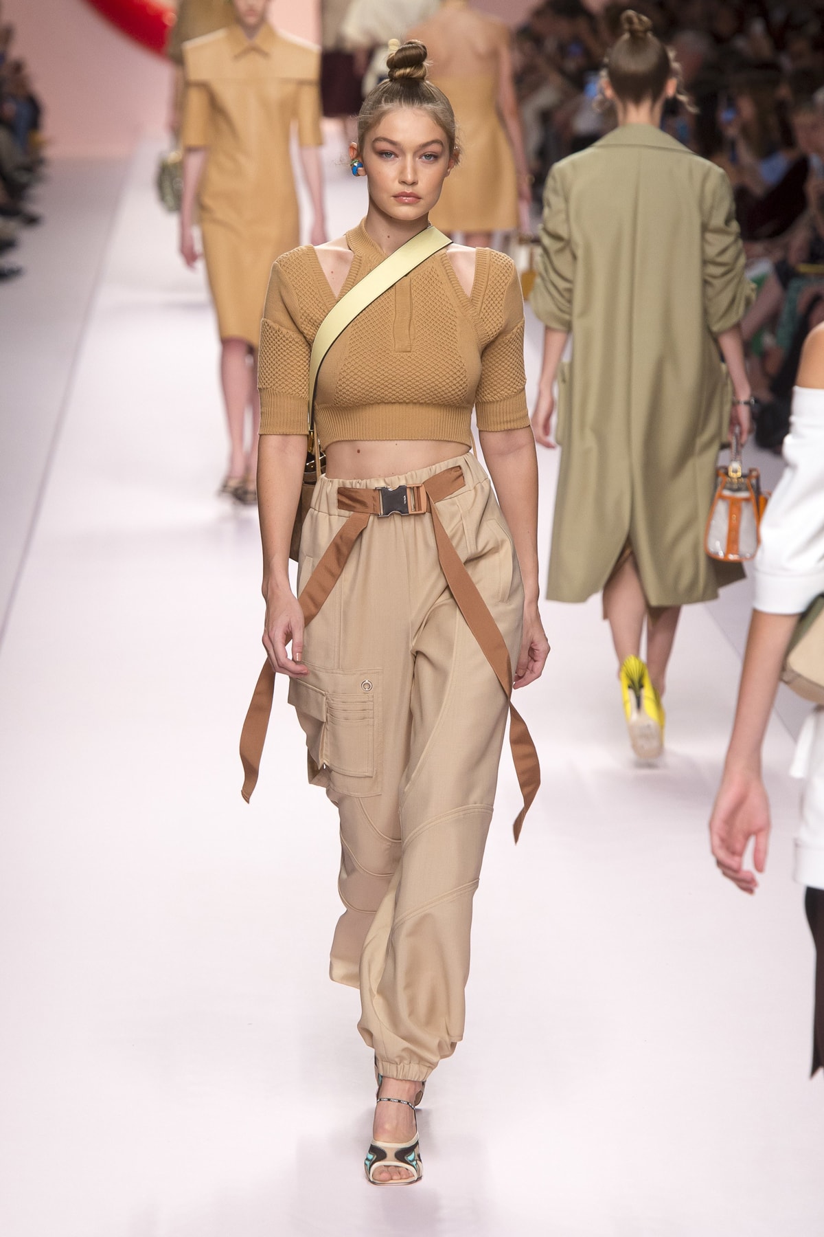 Fendi Karl Lagerfeld Spring Summer 2019 Milan Fashion Week Show Collection Gigi Hadid Crop Top Tan Pants Khaki
