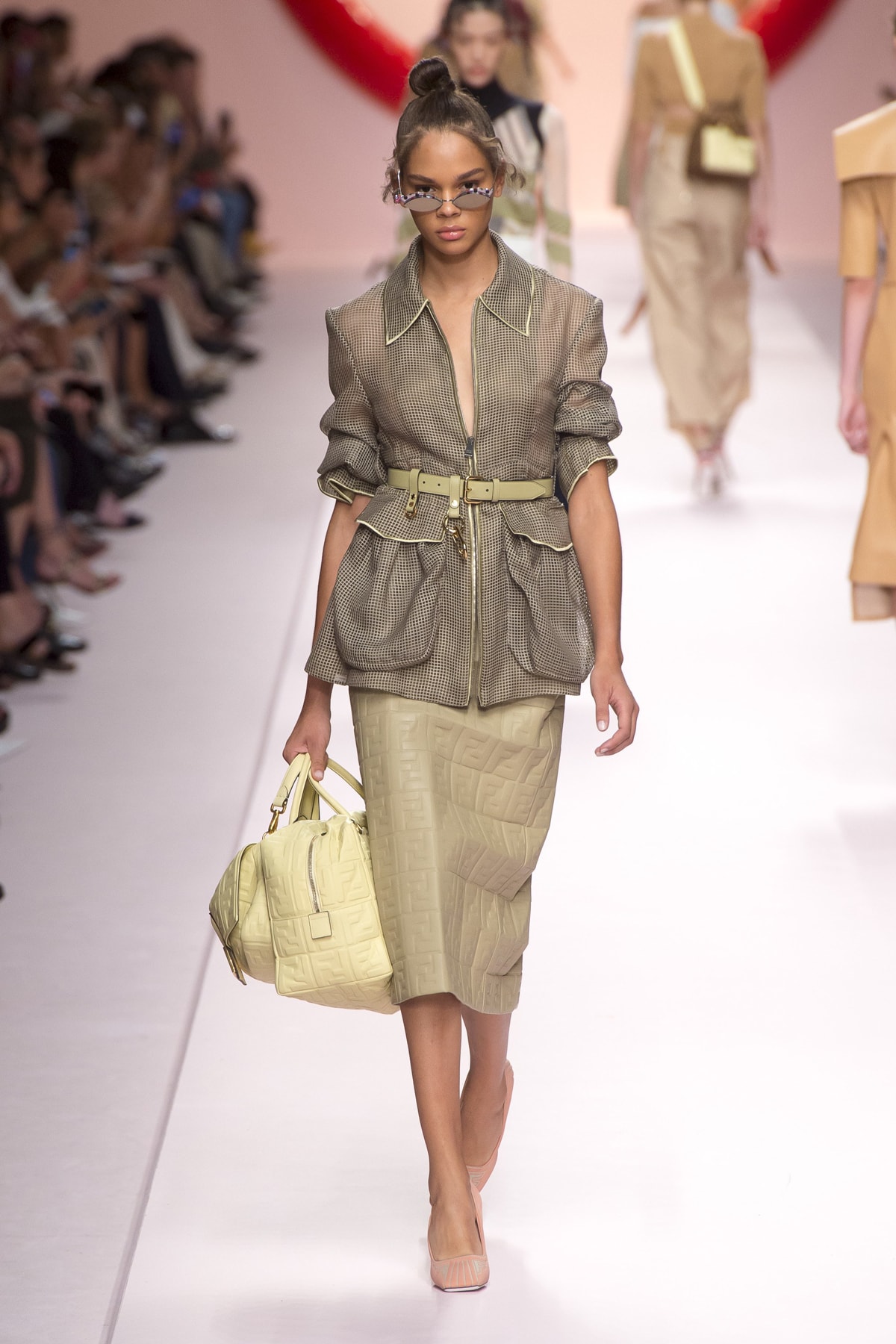 Fendi Karl Lagerfeld Spring Summer 2019 Milan Fashion Week Show Collection Jacket Tan Skirt Khaki Handbag Cream