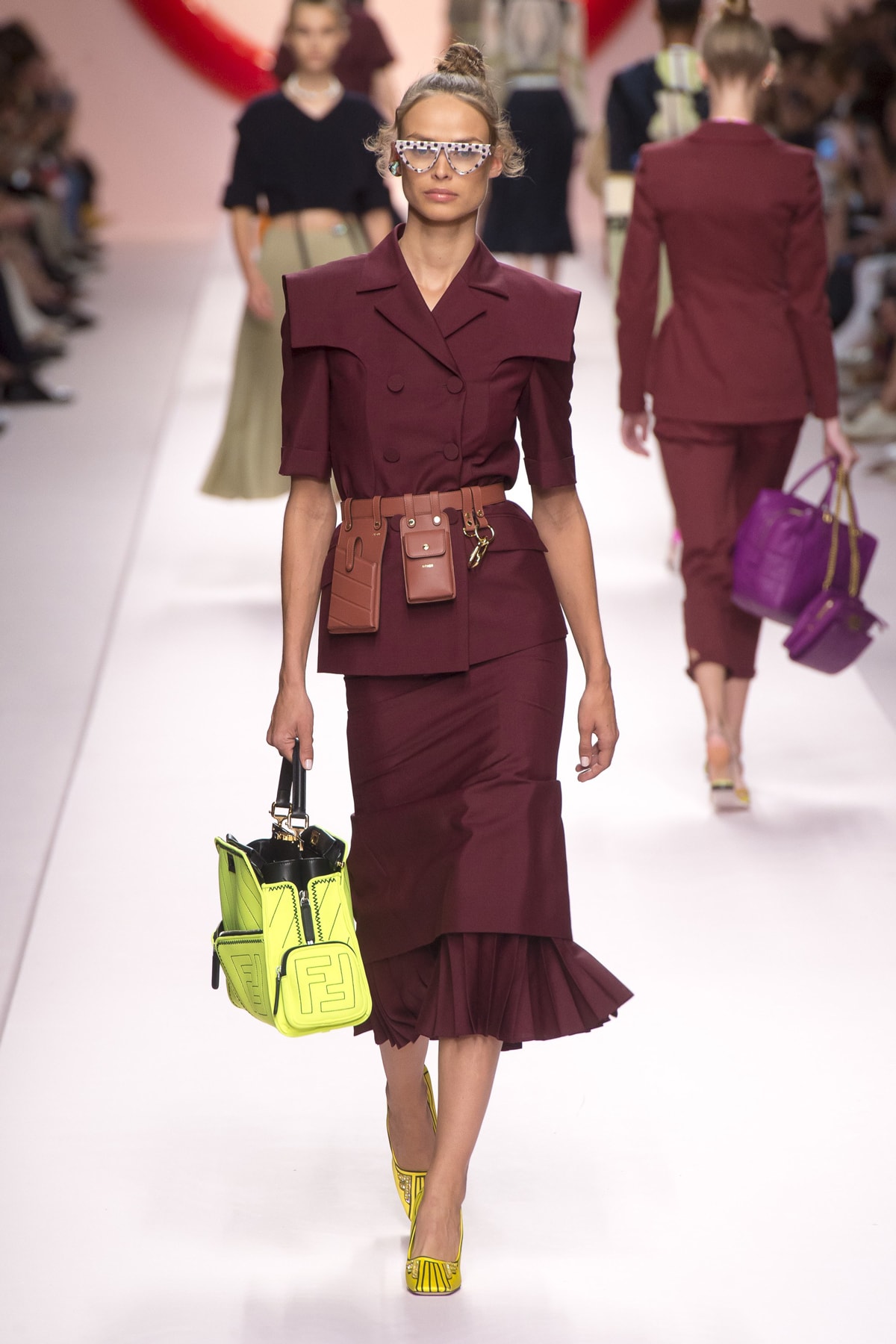 Fendi Karl Lagerfeld Spring Summer 2019 Milan Fashion Week Show Collection Jacket Skirt Maroon Belt Bag Brown