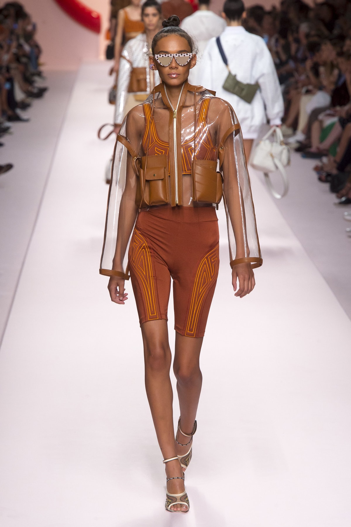 Fendi Karl Lagerfeld Spring Summer 2019 Milan Fashion Week Show Collection Binx Walton Jacket Clear Biker Shorts Orange