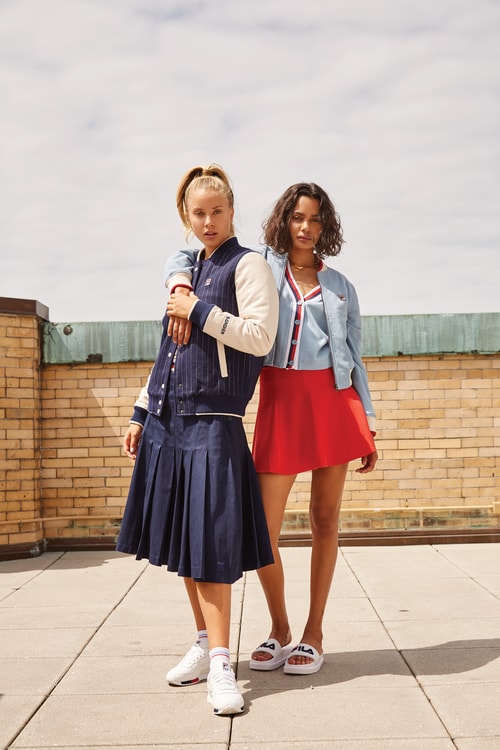 Bandier x FILA Fall/Winter 2018 Capsule Collection Lookbook Melton Wool Varsity Jacket Midi Length Knife Pleated Skirt Button Down Cardigan Blue Flared Skort Red Drifter Bold Original Slide Running Sneaker White