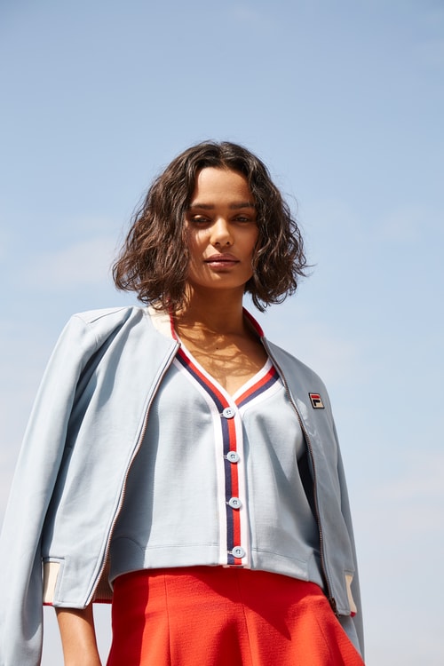 Bandier x FILA Fall/Winter 2018 Capsule Collection Lookbook Button Down Cardigan Long Sleeve Full Zip Suede Jacket Blue