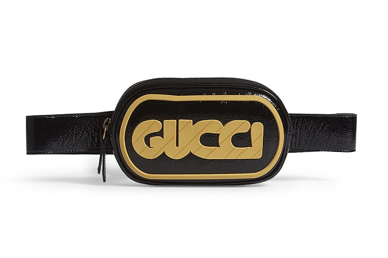 Gucci Retro GUCCY Yellow logo Patent Black Leather Belt Bag