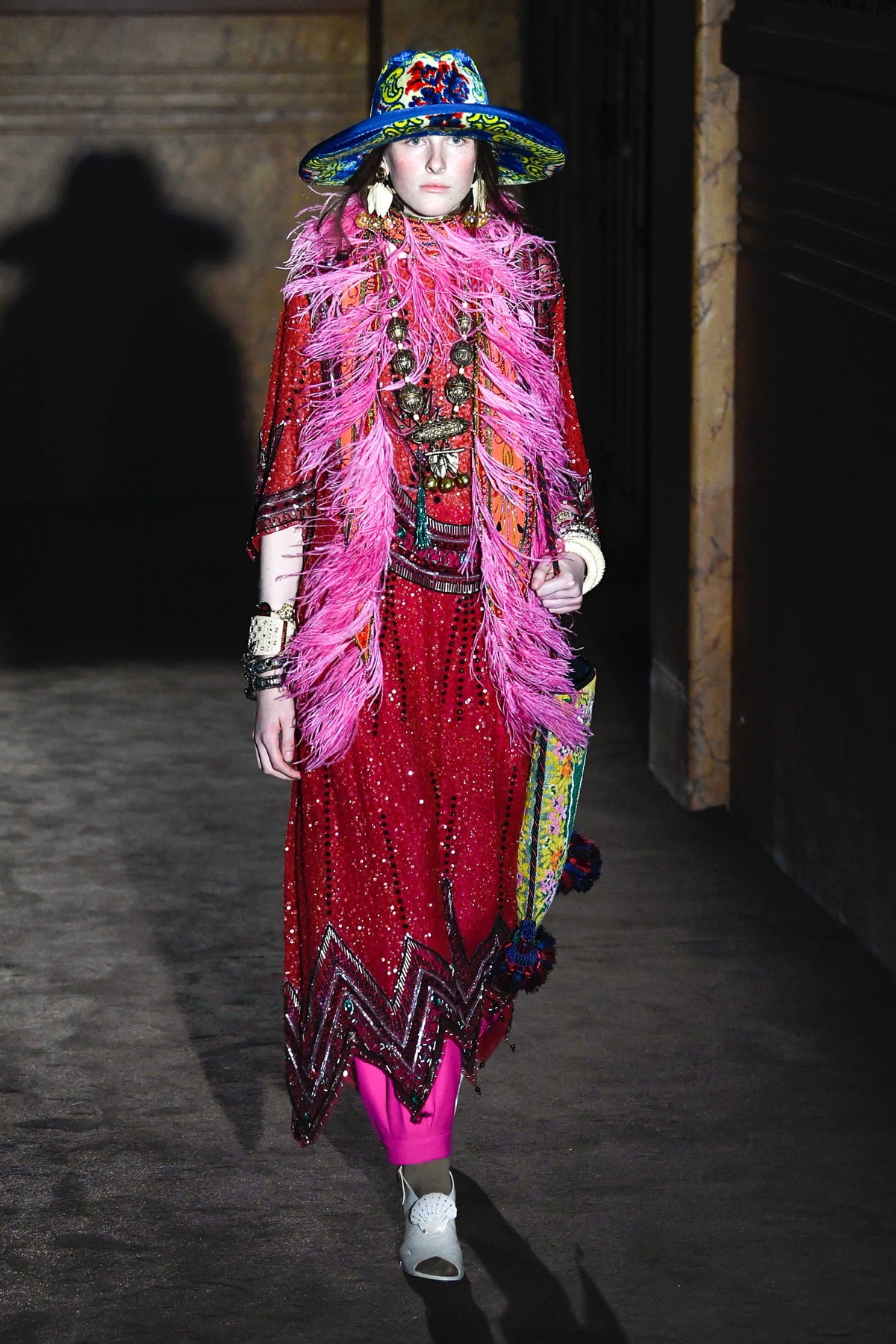 Gucci Alessandro Michelle Spring Summer 2019 Paris Fashion Week Show Collection Dress Red Pink Hat Blue