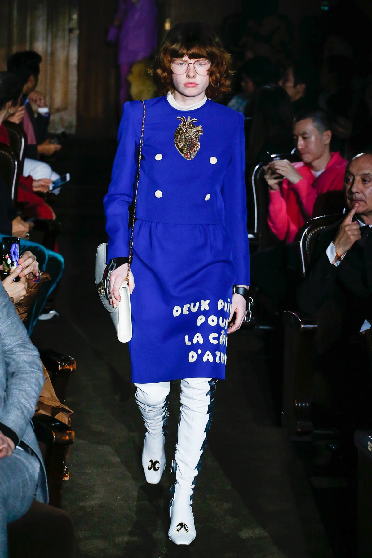 Gucci Alessandro Michelle Spring Summer 2019 Paris Fashion Week Show Collection Plaid Blazer Blazer Skirt Blue Tights Shoes White