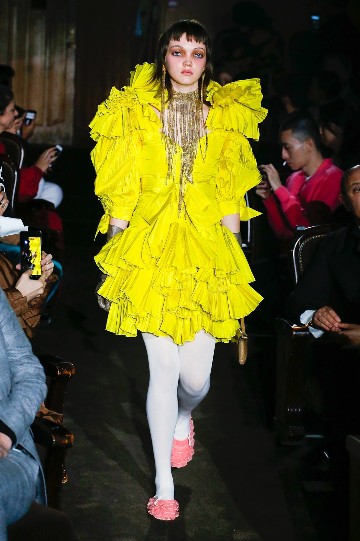 Gucci Alessandro Michelle Spring Summer 2019 Paris Fashion Week Show Collection Dress Yellow Tights White