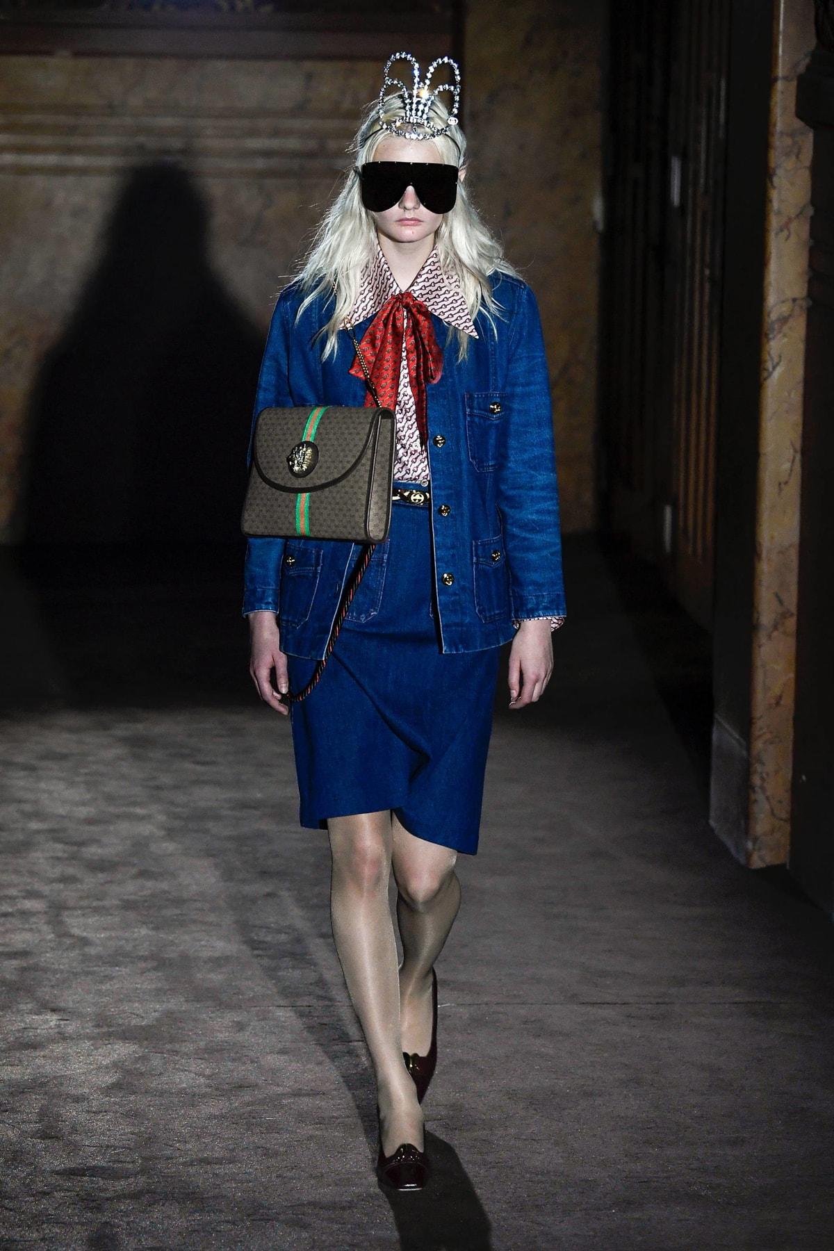 Gucci Alessandro Michelle Spring Summer 2019 Paris Fashion Week Show Collection Jacket Skirt Blue Handbag Brown