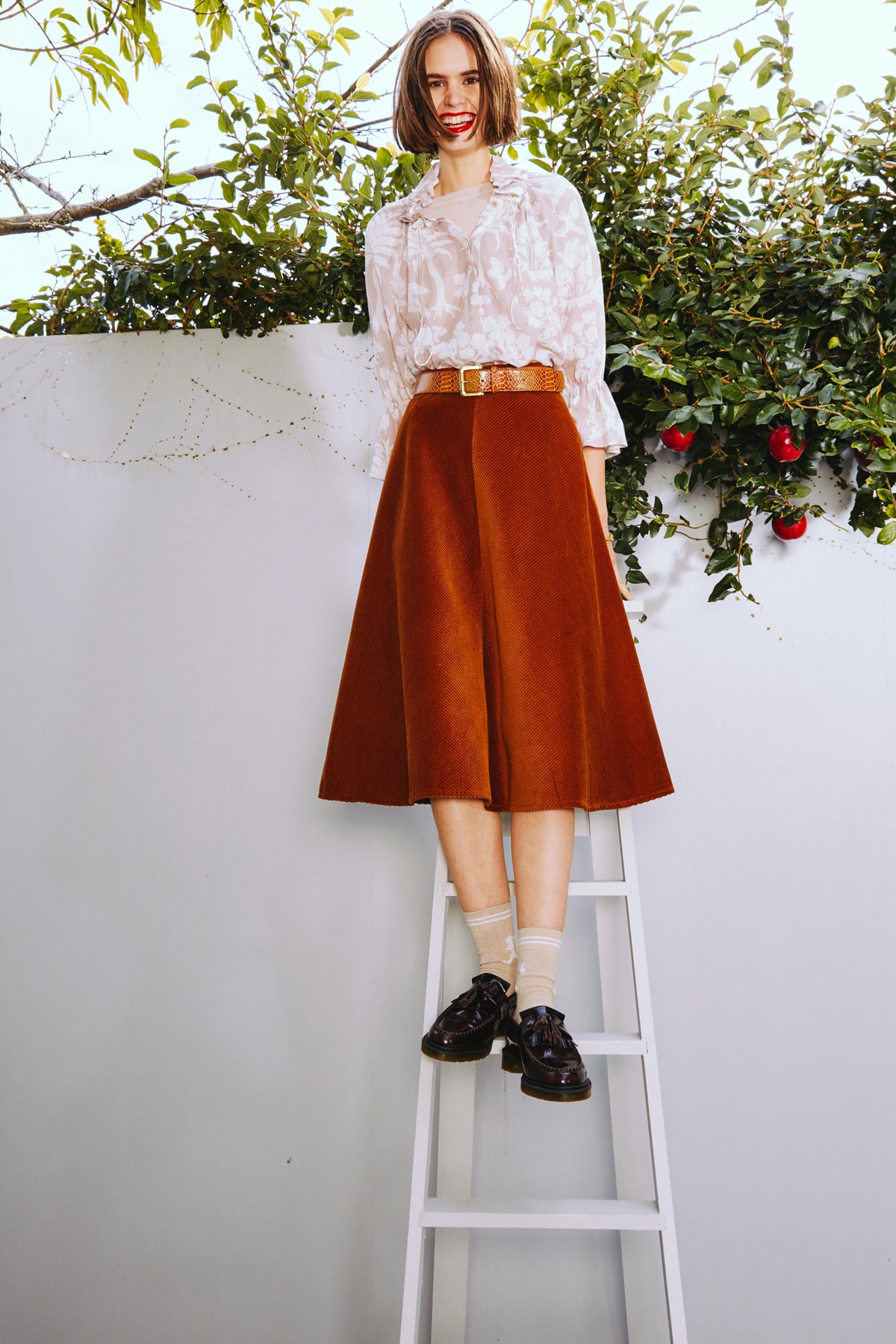 Karen Walker 2018 Spring Summer NYFW Lookbook Floral Top Cream Tan Skirt Brown