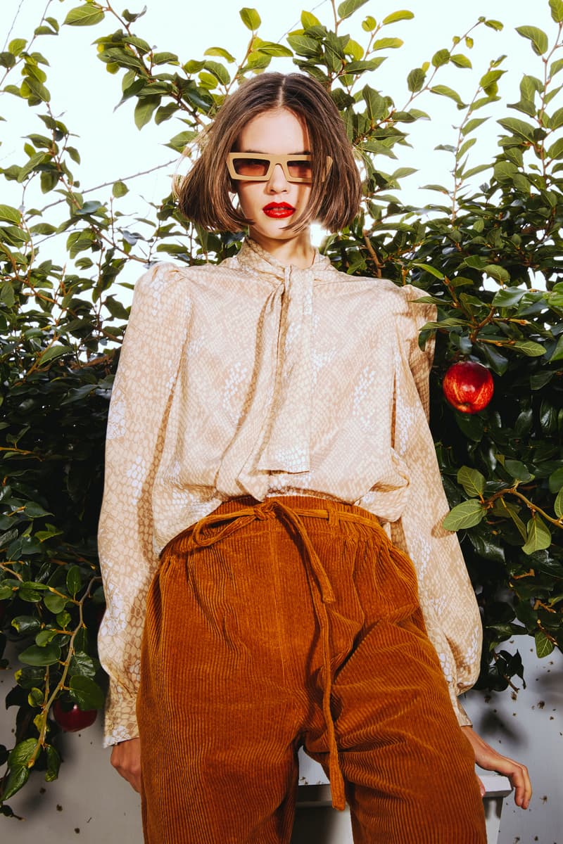 Karen Walker 2018 Spring Summer NYFW Lookbook Floral Top Cream Tan Corduroy Pants Brown