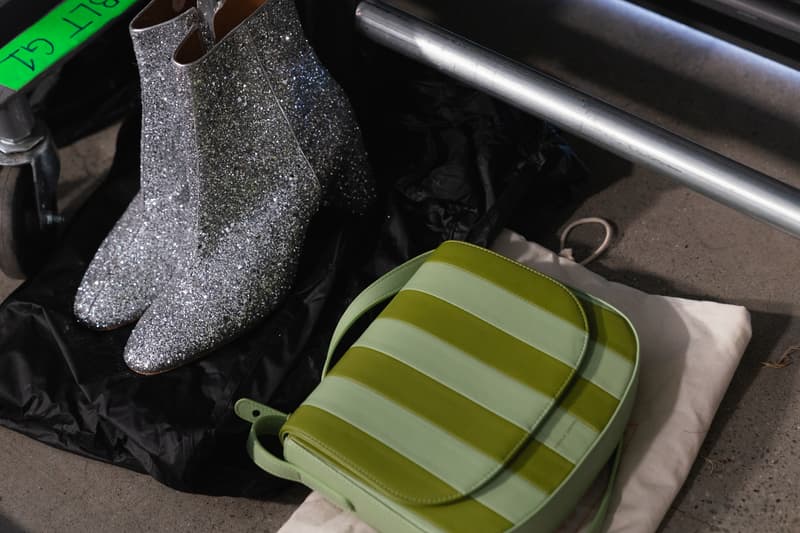 Mansur Gavriel Fall Winter 2018 New York Fashion Week Show Backstage Green Stripe Bag