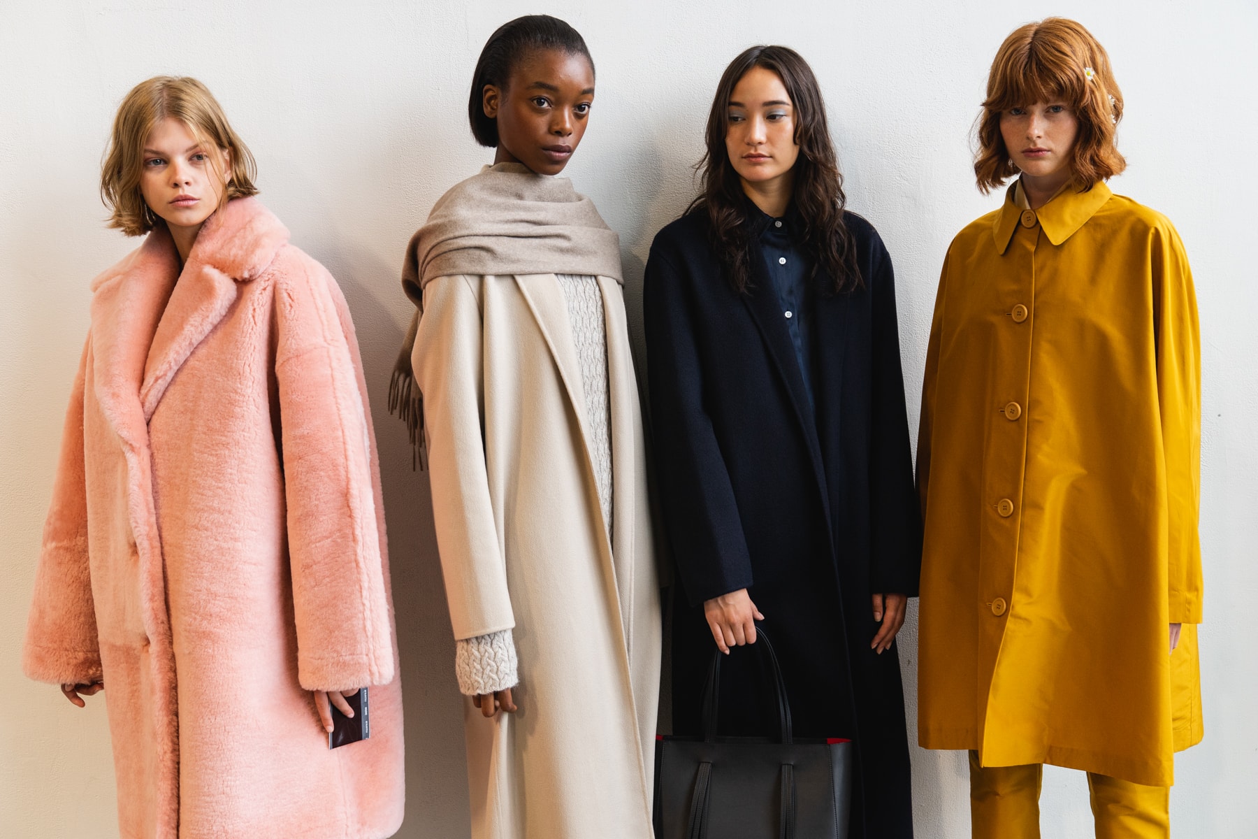 Mansur Gavriel Fall Winter 2018 New York Fashion Week Show Backstage Pink Mustard Yellow Beige Black Coats