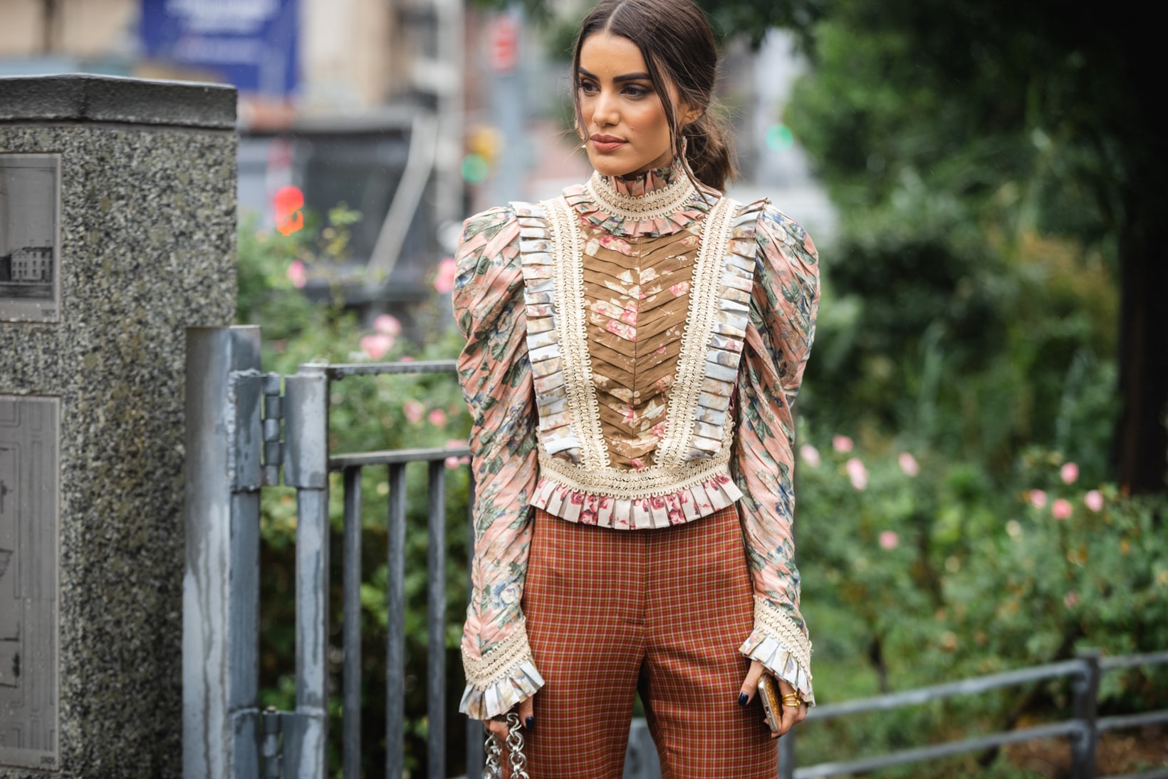New York Fashion Week NYFW Street Style Street Snaps Camila Coelho Victorian Top Tan Brown