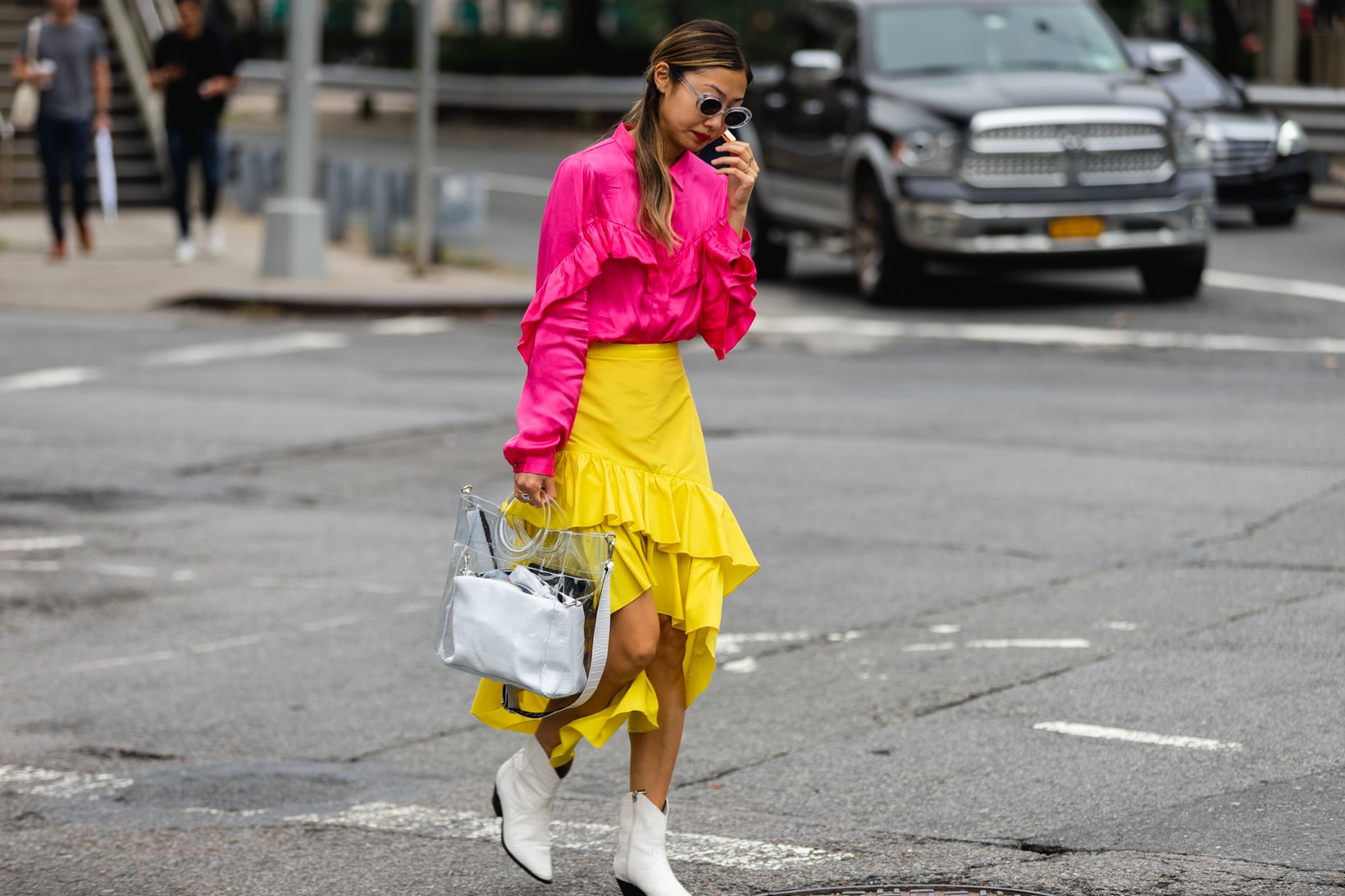 New York Fashion Week NYFW Street Style Street Snaps Top Pink Skirt Yellow Boots White