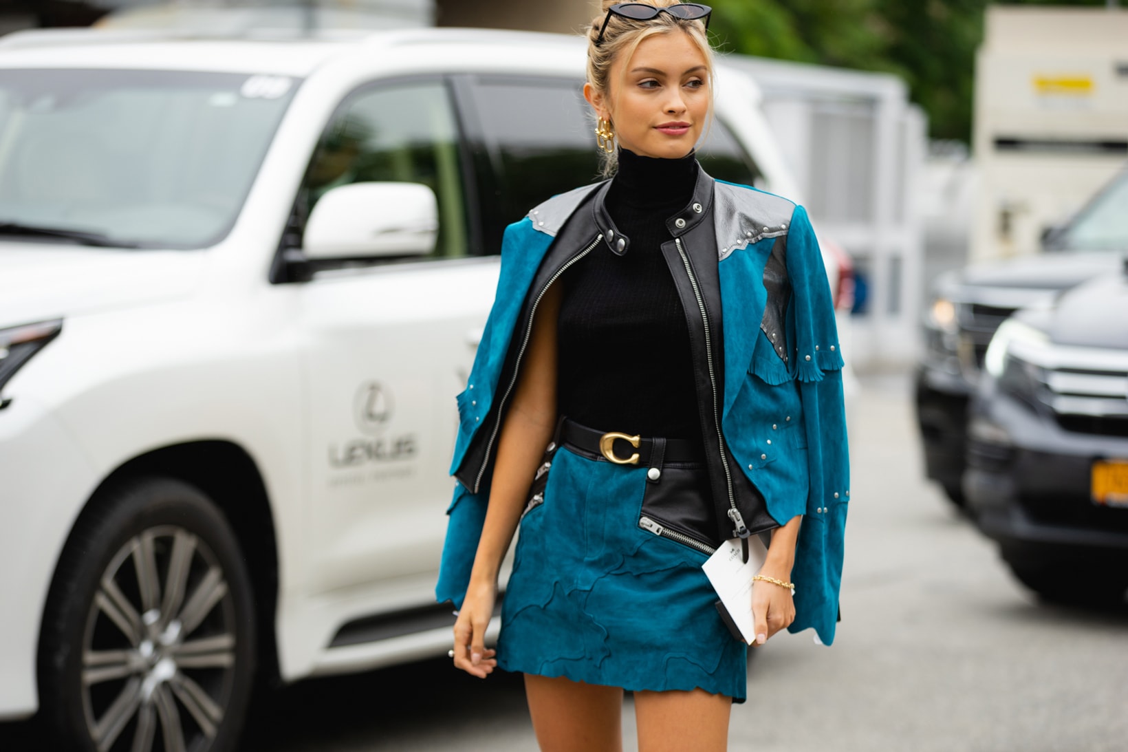 New York Fashion Week NYFW Street Style Street Snaps Jacket Skirt Teal Top Black