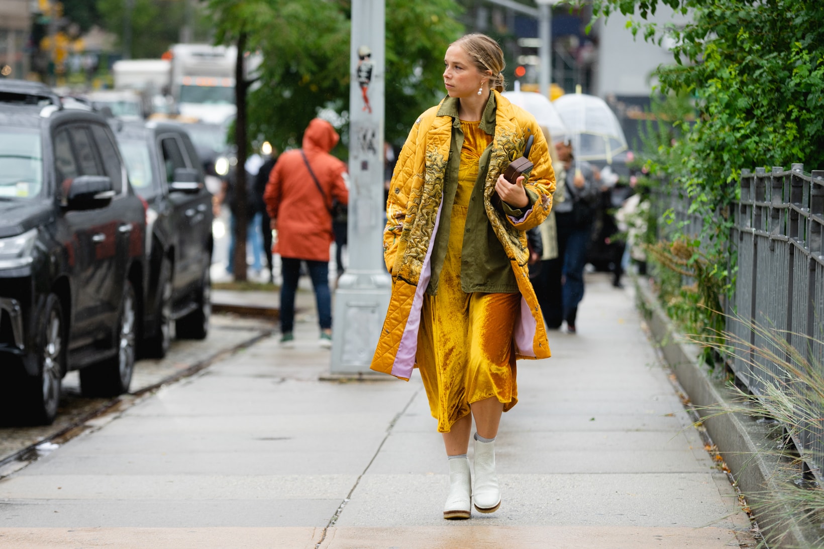New York Fashion Week NYFW Street Style Street Snaps Jacket Dress Yellow Boots White