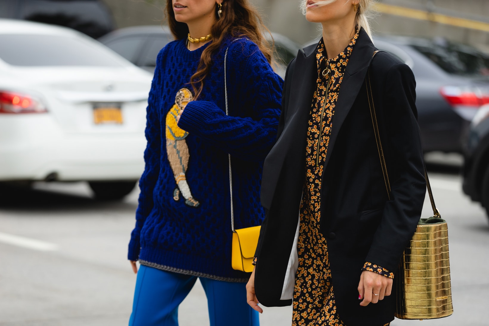 New York Fashion Week NYFW Street Style Street Snaps Jacket Blue Blazer Black Handbag Gold
