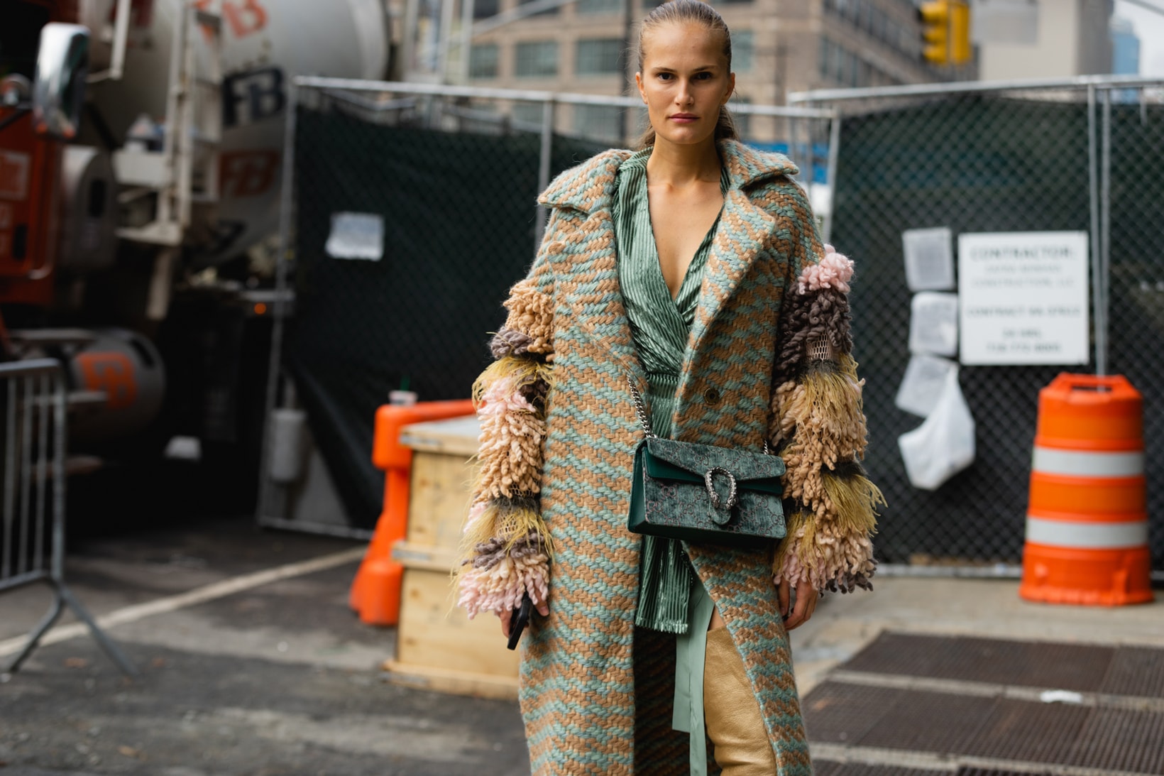 New York Fashion Week NYFW Street Style Street Snaps Plaid Jacket Gucci Marmont Bag Green