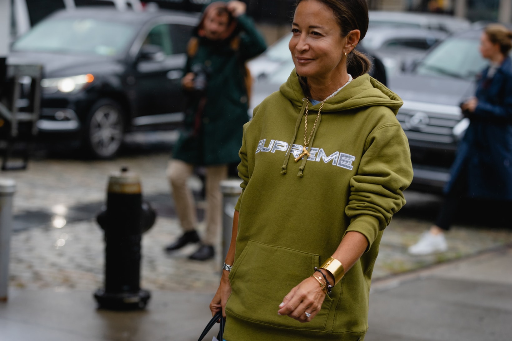 New York Fashion Week NYFW Street Style Street Snaps Supreme Hoodie Green