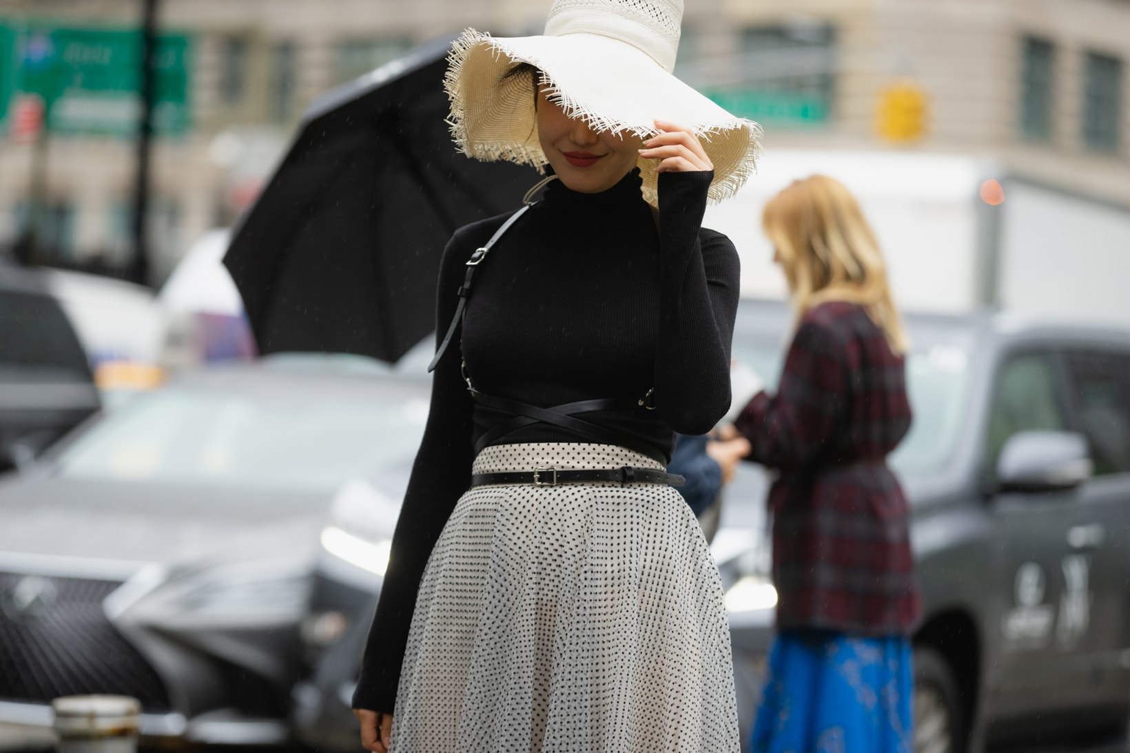 New York Fashion Week NYFW Street Style Street Snaps Hat Tan Top Black Skirt Grey