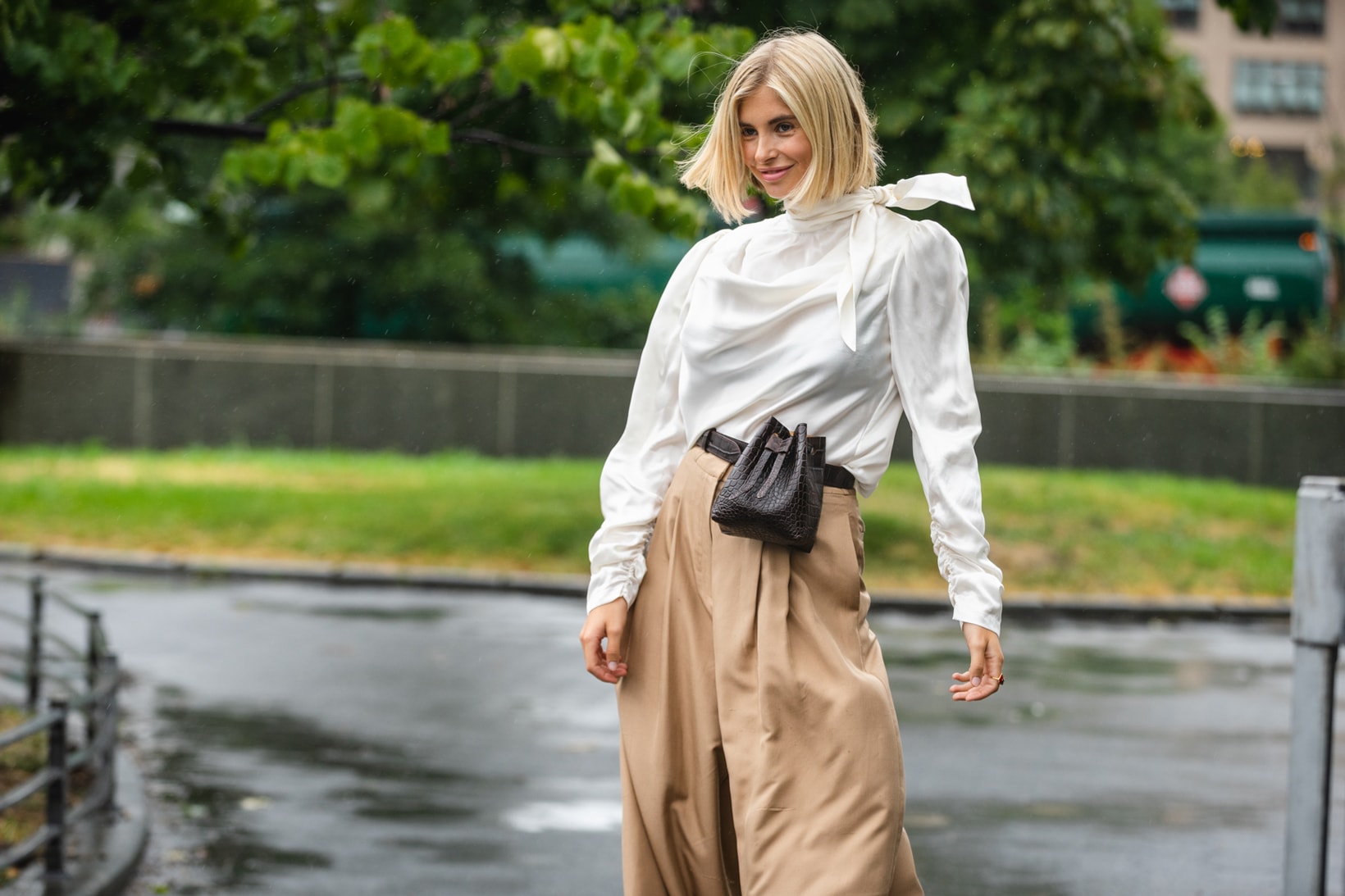 New York Fashion Week NYFW Street Style Street Snaps Top White Pants Tan