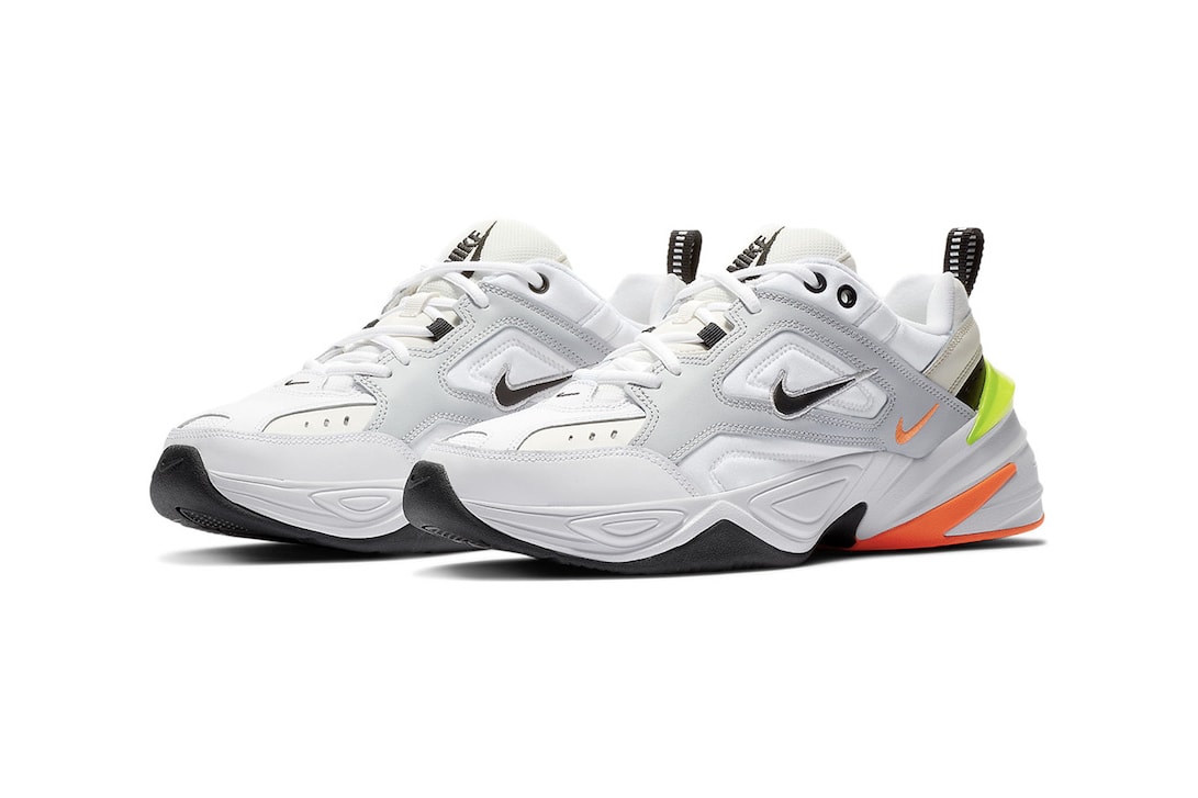 Nike M2K Tekno Pure Platinum Volt Orange Neon Chunky Sneakers