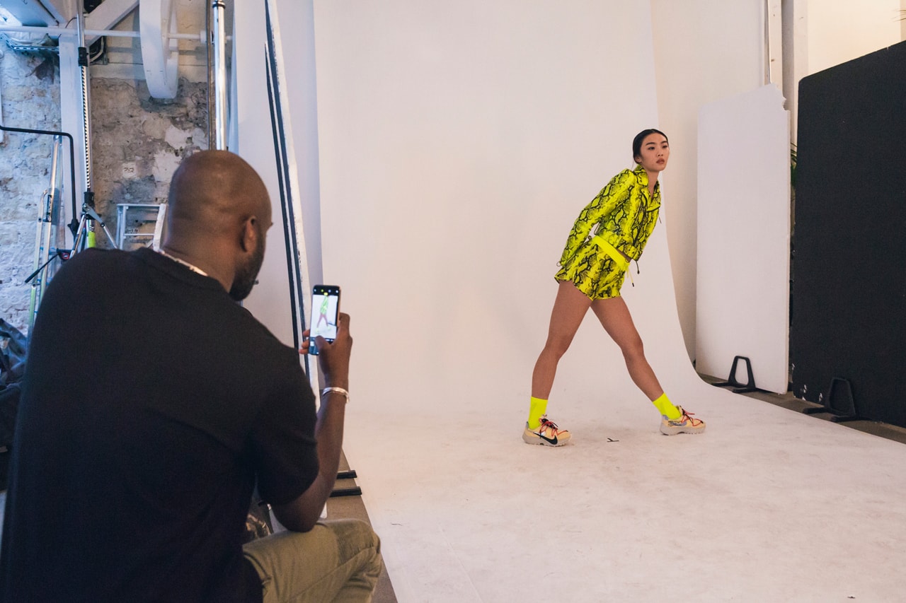 Off-White Virgil Abloh Spring Summer 2019 Paris Fashion Week Show Backstage Green Snakeskin Jacket Shorts Nike React Vapor Street Flyknit Yellow Blue