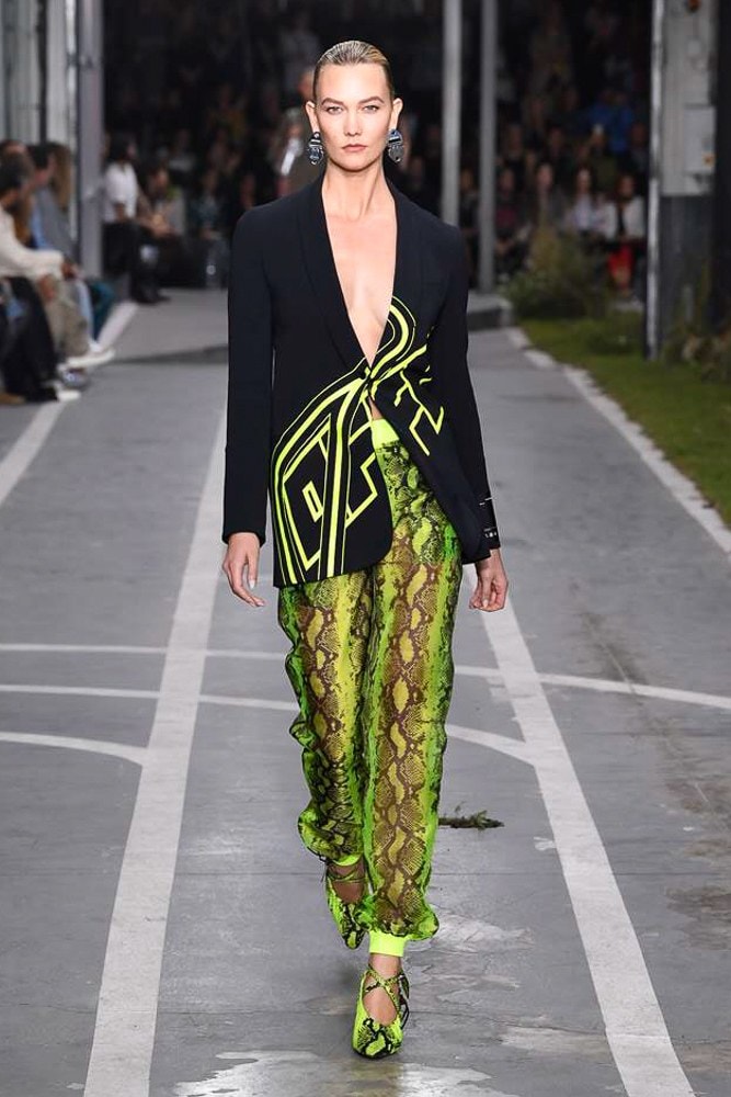 Off-White Virgil Abloh SS19 Runway Show Paris Fashion Week Track and Field Karlie Kloss Neon Yellow Python Pants