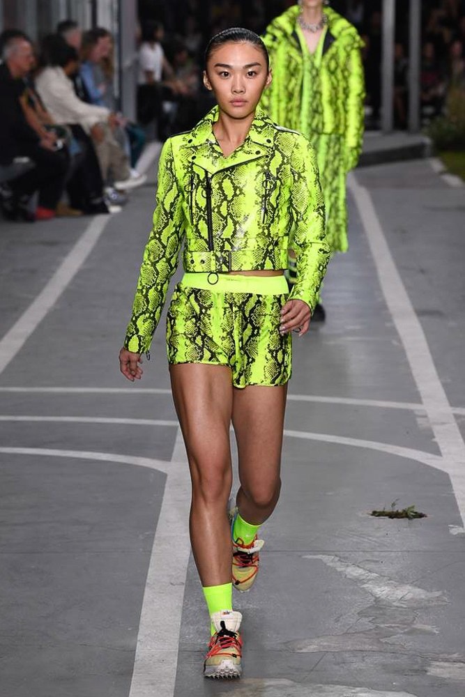 Off-White Virgil Abloh SS19 Runway Show Paris Fashion Week Cecilia Yeung Hong Kong High Jumper Model Track and Field Neon Yellow Python