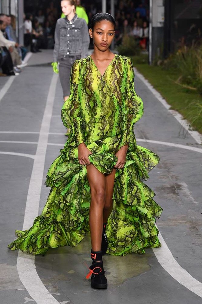 Off-White Virgil Abloh SS19 Runway Show Paris Fashion Week Track and Field Neon Yellow Python Dress