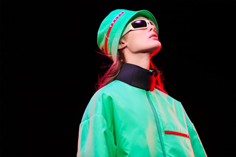 Prada Linea Rossa Fall Winter 2018 Campaign Neon Green Bucket Hat Red Logo